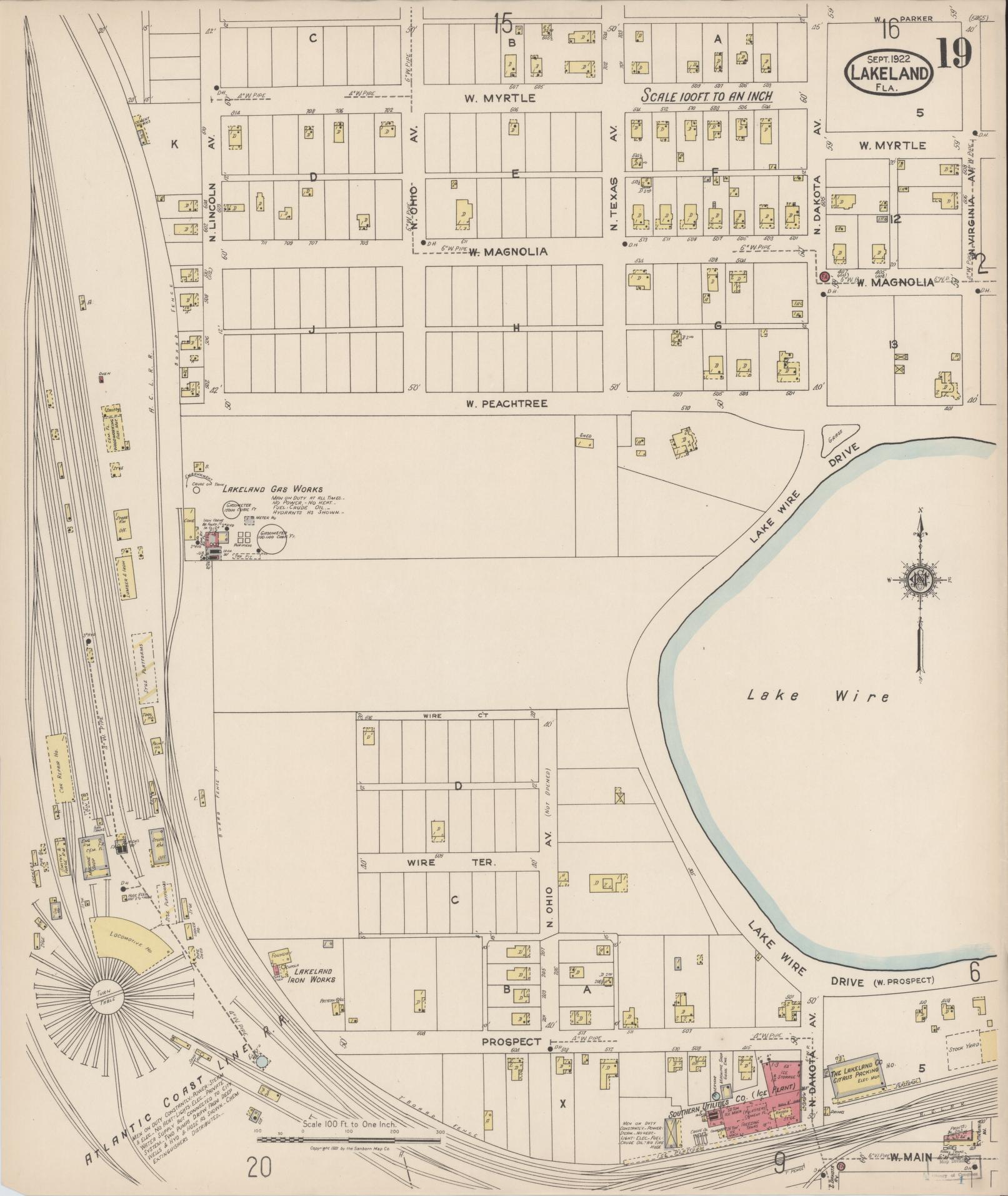 Sanborn Fire Insurance Map from Lakeland, Polk County, Florida (1922), Sheet #0019 - Historic Sanborn Fire Insurance Map Print, vintage old map wall art, antique decor, genealogy gift, Florida Florida map