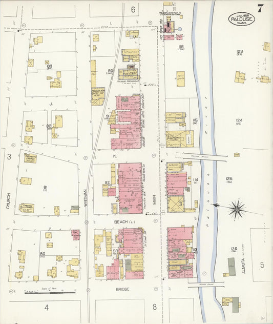 Sanborn Fire Insurance Map from Palouse City, Whitman County, Washington (1908), Sheet #0007 - Historic Sanborn Fire Insurance Map Print, vintage old map wall art, antique decor, genealogy gift, Washington Washington map