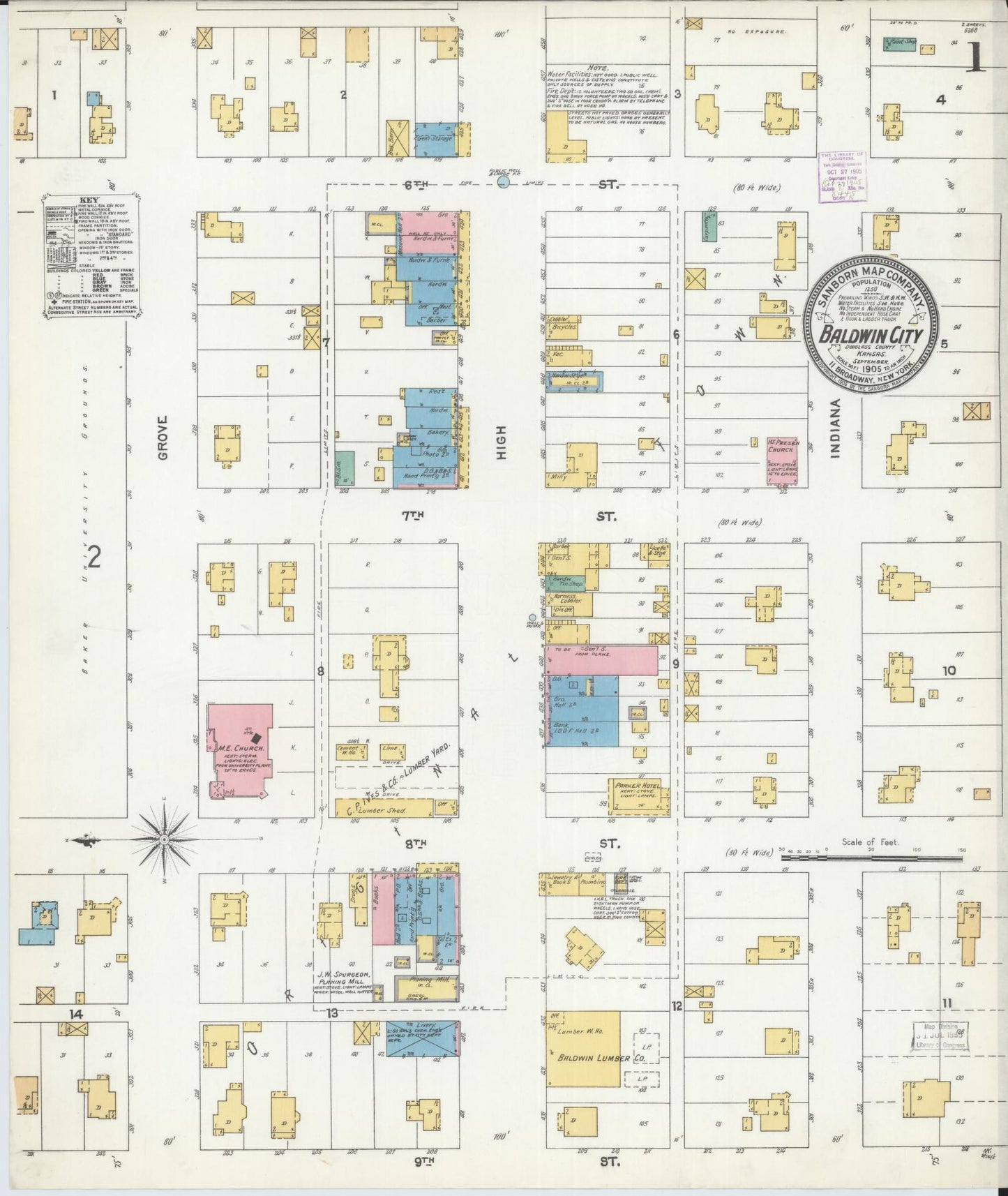 Sanborn Fire Insurance Map from Baldwin City, Douglas County, Kansas (1905), Sheet #0001 - Complete Map Set gallery image, historic Sanborn map, vintage wall art, Kansas Kansas