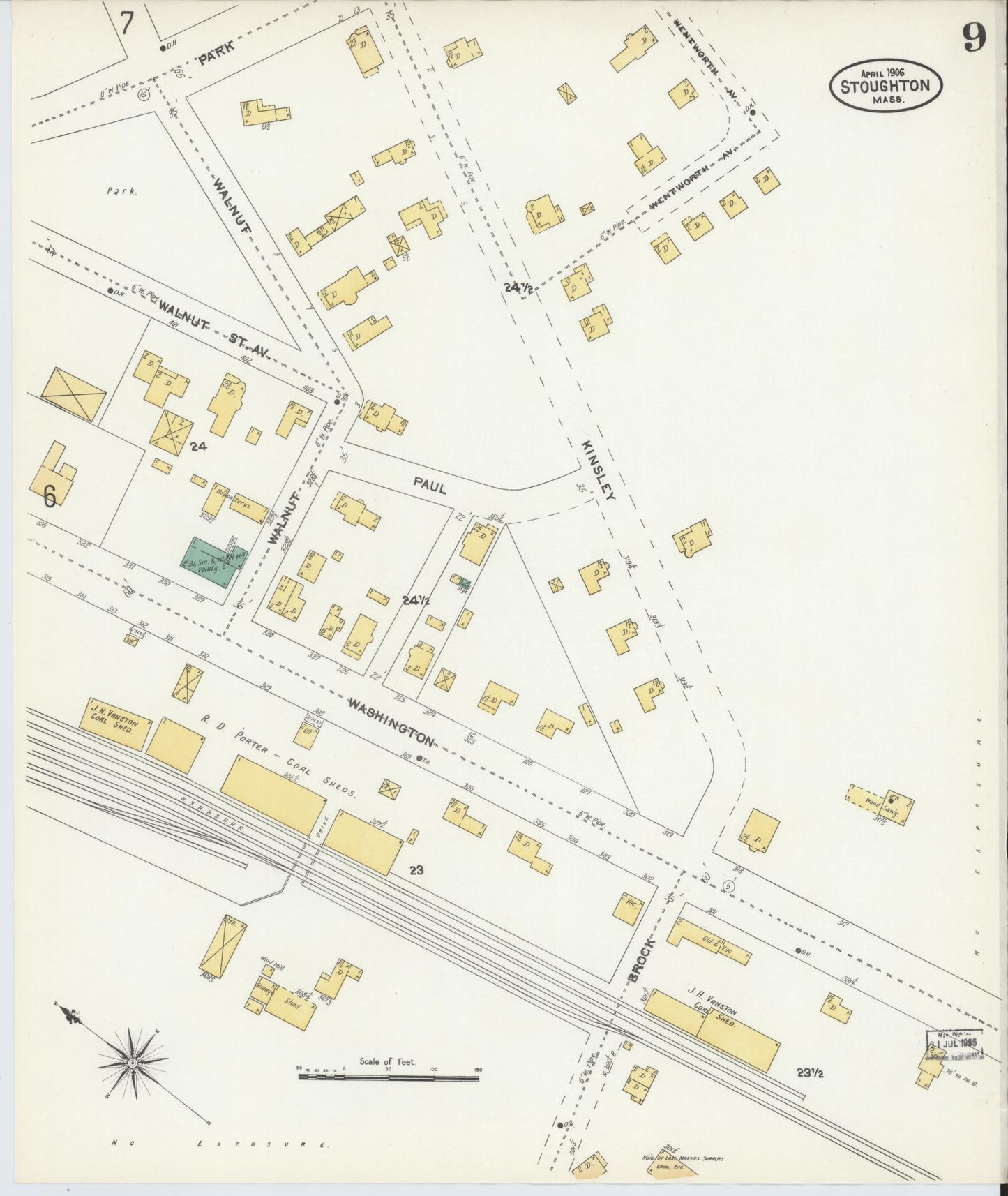 Sanborn Fire Insurance Map from Stoughton, Norfolk County, Massachusetts (1906), Sheet #0009 - Complete Map Set gallery image, historic Sanborn map, vintage wall art, Massachusetts Massachusetts