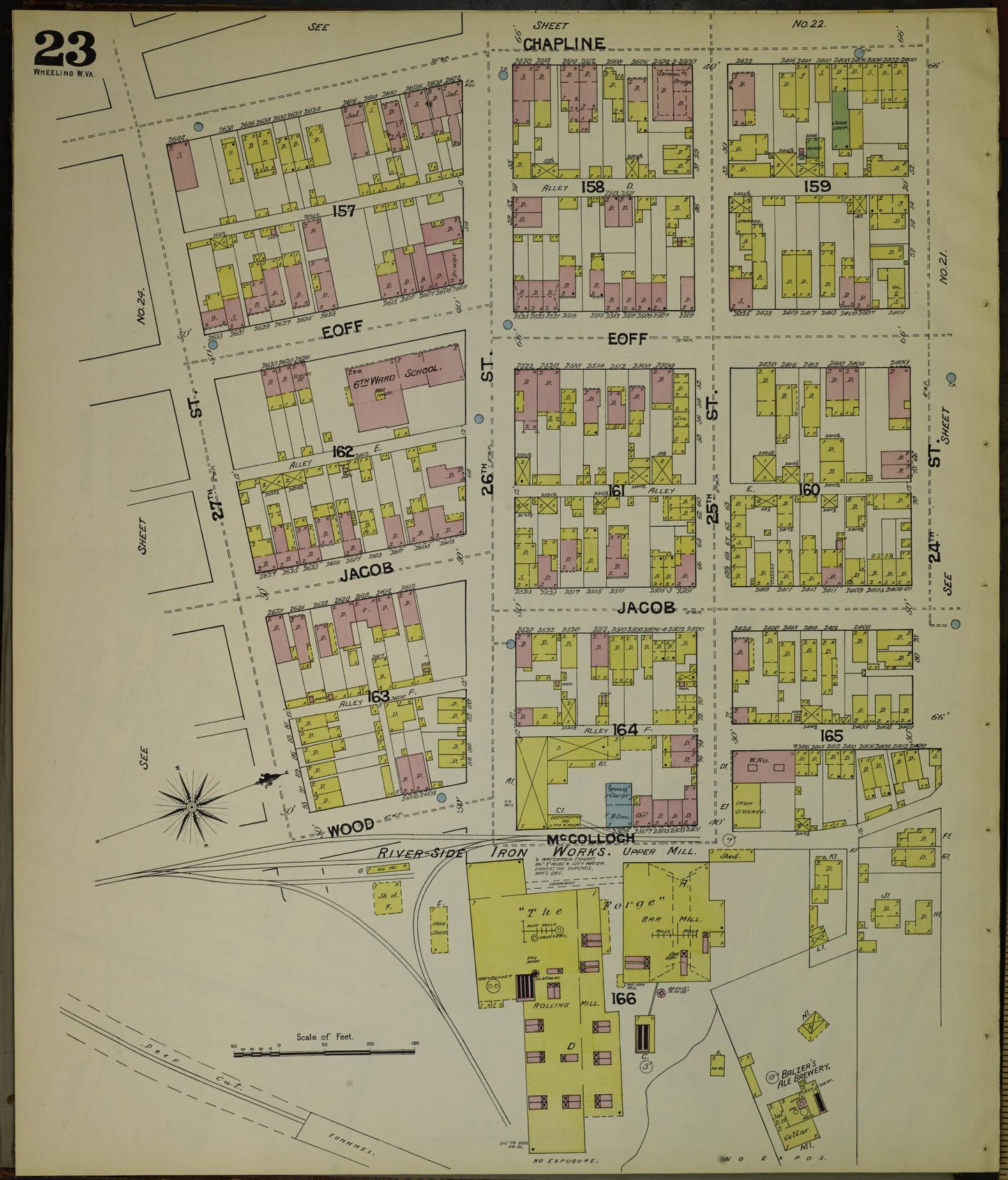 Sanborn Fire Insurance Map from Wheeling, Ohio County, West Virginia (1890), Sheet #0023 - Historic Sanborn Fire Insurance Map Print, vintage old map wall art, antique decor, genealogy gift, West Virginia West Virginia map