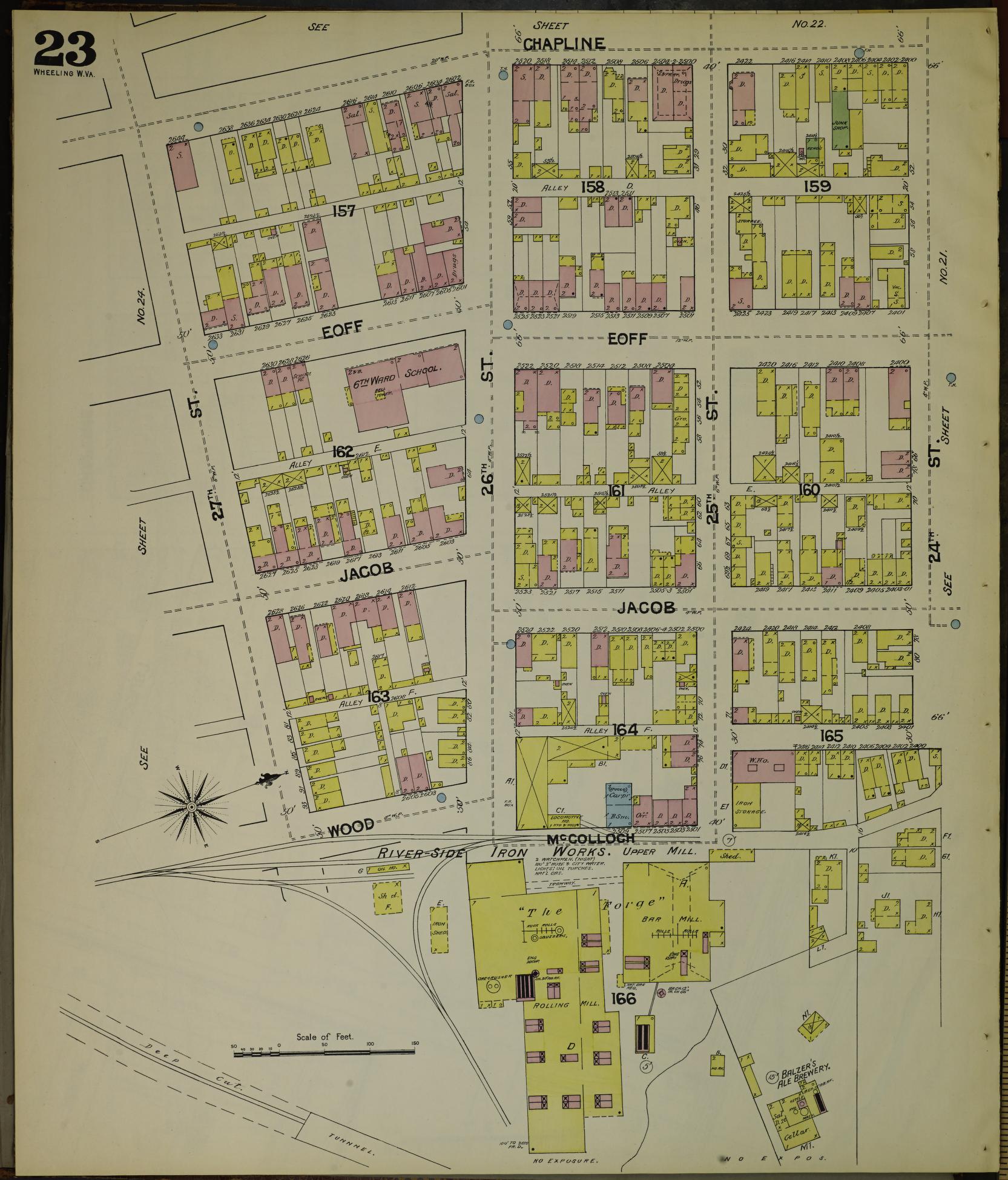 Sanborn Fire Insurance Map from Wheeling, Ohio County, West Virginia (1890), Sheet #0023 - Historic Sanborn Fire Insurance Map Print, vintage old map wall art, antique decor, genealogy gift, West Virginia West Virginia map