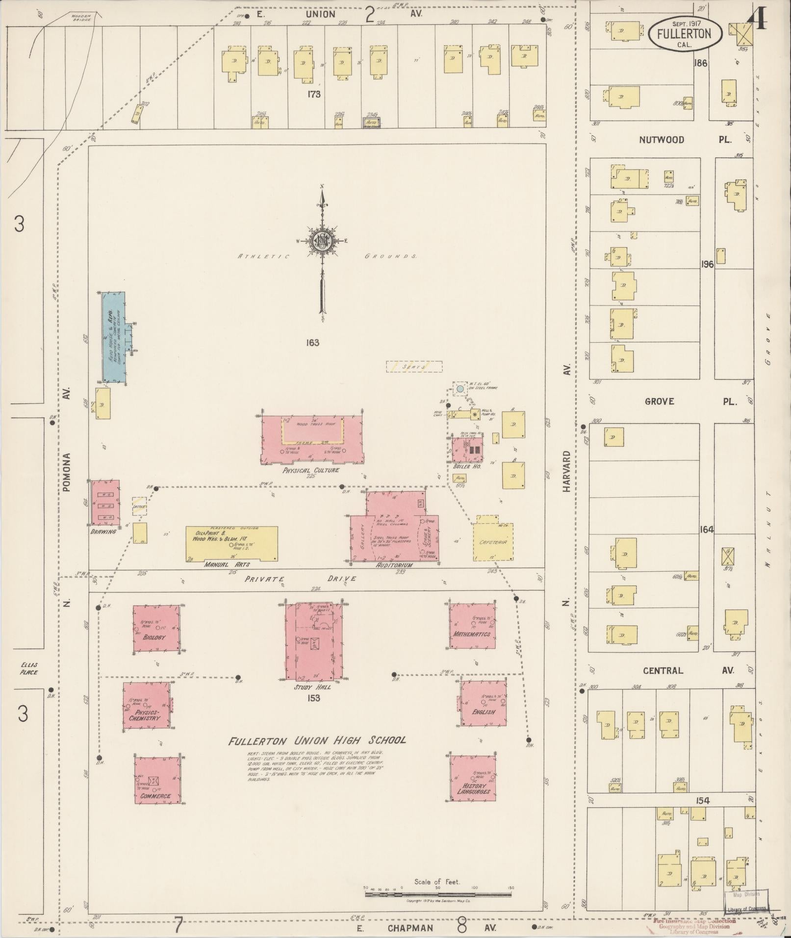 Sanborn Fire Insurance Map from Fullerton, Orange County, California (1917), Sheet #0004 - Historic Sanborn Fire Insurance Map Print, vintage old map wall art, antique decor, genealogy gift, California California map
