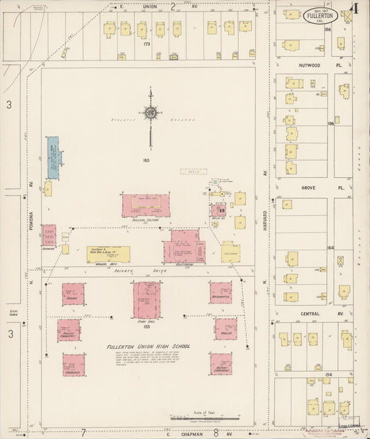 Sanborn Fire Insurance Map from Fullerton, Orange County, California (1917), Sheet #0004 - Historic Sanborn Fire Insurance Map Print, vintage old map wall art, antique decor, genealogy gift, California California map