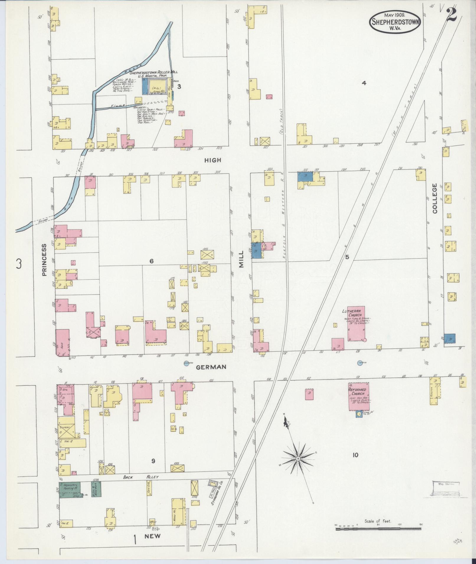 Sanborn Fire Insurance Map from Shepherdstown, Jefferson County, West Virginia (1909), Sheet #0002 - Historic Sanborn Fire Insurance Map Print, vintage old map wall art, antique decor, genealogy gift, West Virginia West Virginia map