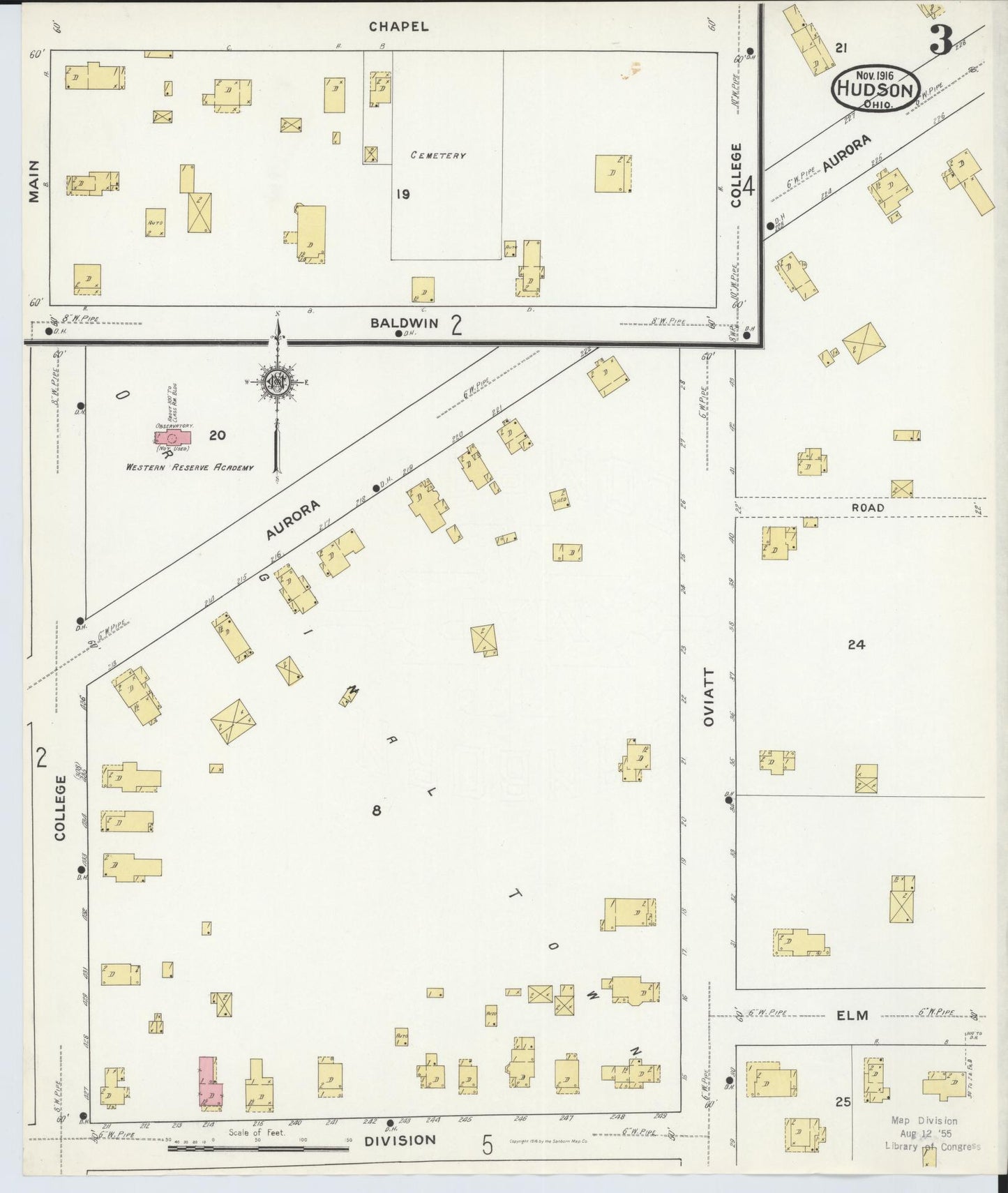 Sanborn Fire Insurance Map from Hudson, Summit County, Ohio (1916), Sheet #0003 - Complete Map Set gallery image, historic Sanborn map, vintage wall art, Ohio Ohio