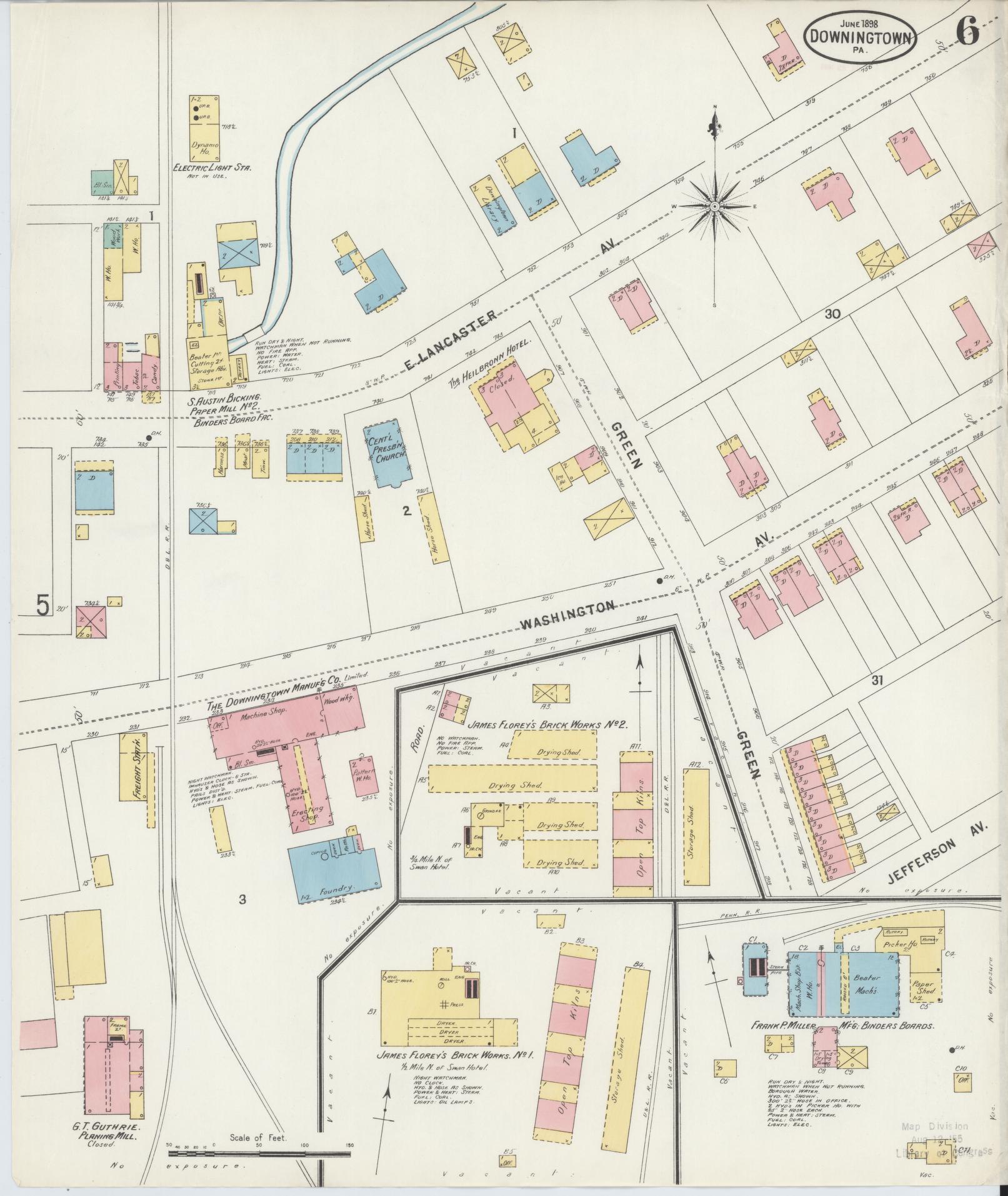Sanborn Fire Insurance Map from Downingtown, Chester County, Pennsylvania (1898), Sheet #0006 - Historic Sanborn Fire Insurance Map Print, vintage old map wall art, antique decor, genealogy gift, Pennsylvania Pennsylvania map