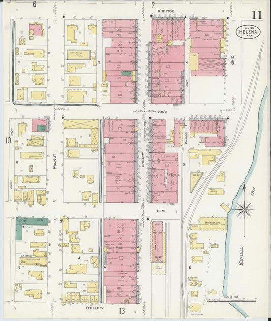 Sanborn Fire Insurance Map from Helena, Phillips County, Arkansas (1907), Sheet #0011 - Historic Sanborn Fire Insurance Map Print, vintage old map wall art, antique decor, genealogy gift, Arkansas Arkansas map