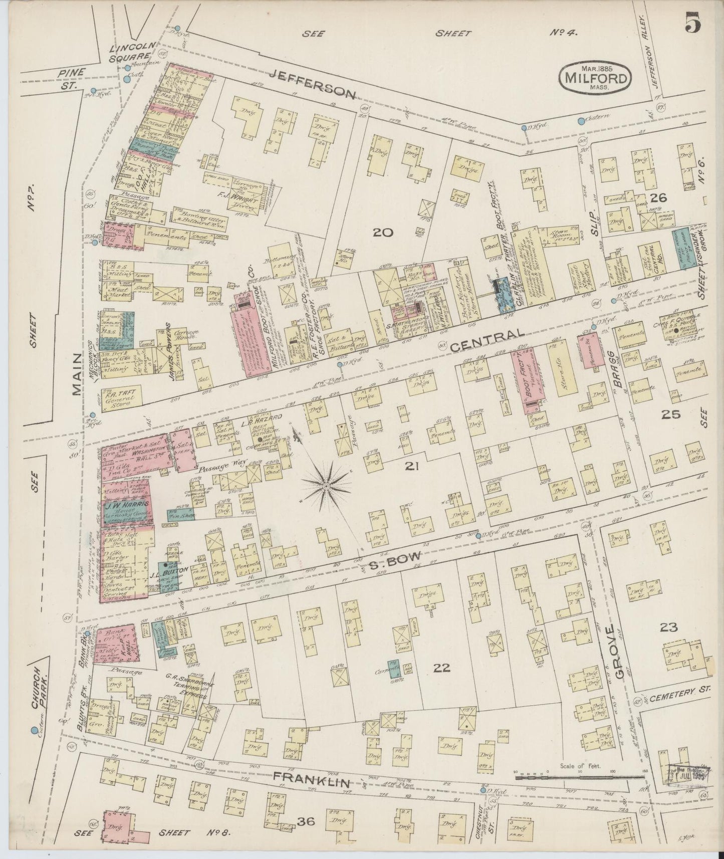 Sanborn Fire Insurance Map from Milford, Worcester County, Massachusetts (1885), Sheet #0005 - Complete Map Set gallery image, historic Sanborn map, vintage wall art, Massachusetts Massachusetts