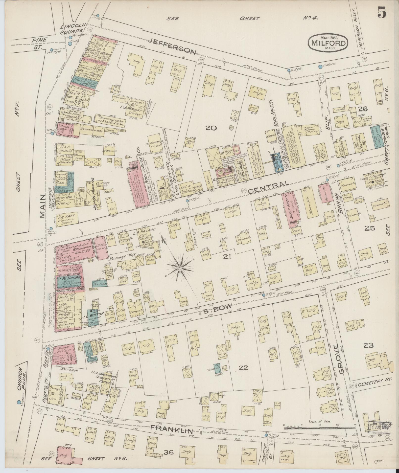 Sanborn Fire Insurance Map from Milford, Worcester County, Massachusetts (1885), Sheet #0005 - Complete Map Set gallery image, historic Sanborn map, vintage wall art, Massachusetts Massachusetts