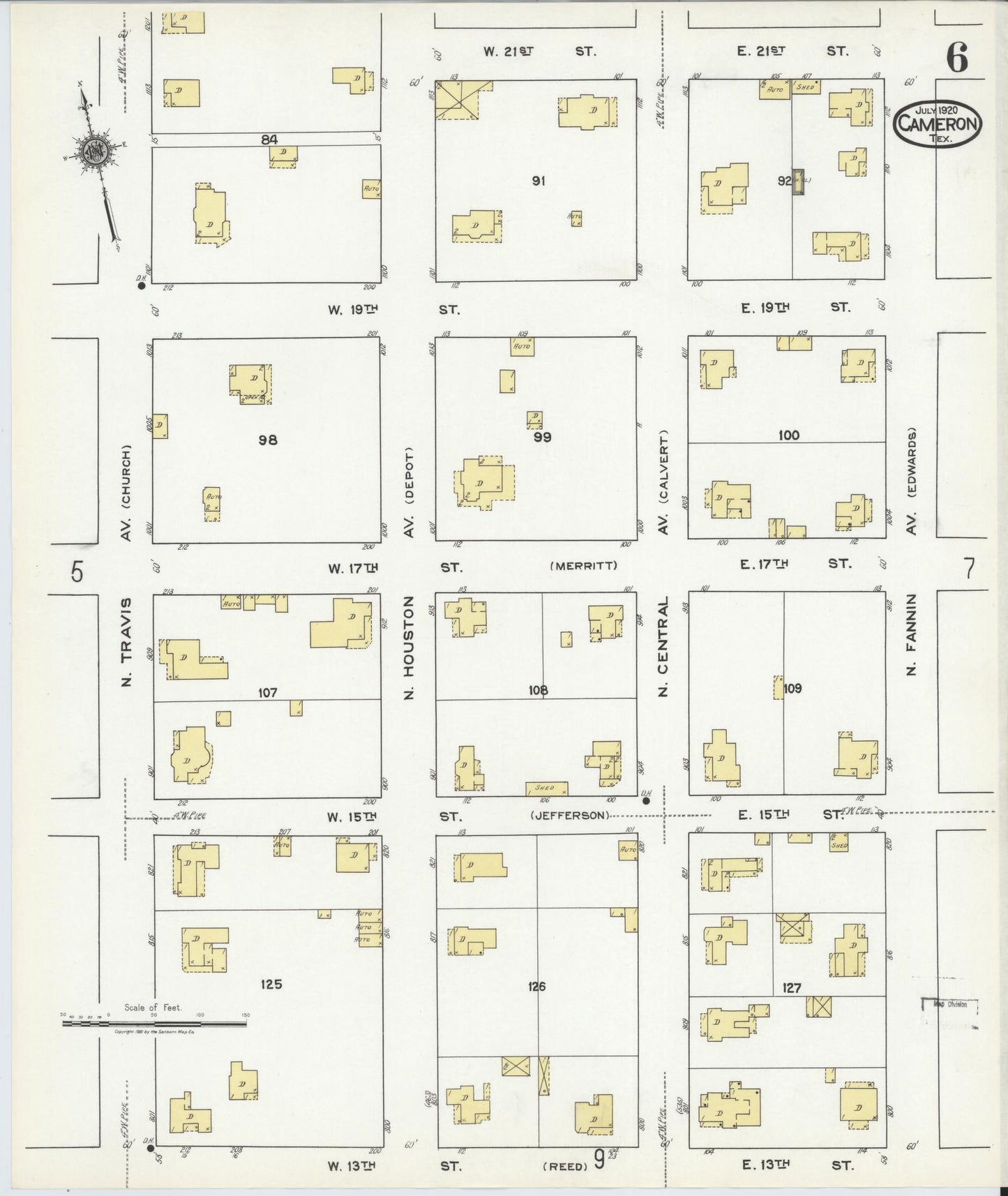 Sanborn Fire Insurance Map from Cameron, Milam County, Texas (1920), Sheet #0006 - Historic Sanborn Fire Insurance Map Print, vintage old map wall art, antique decor, genealogy gift, Texas Texas map