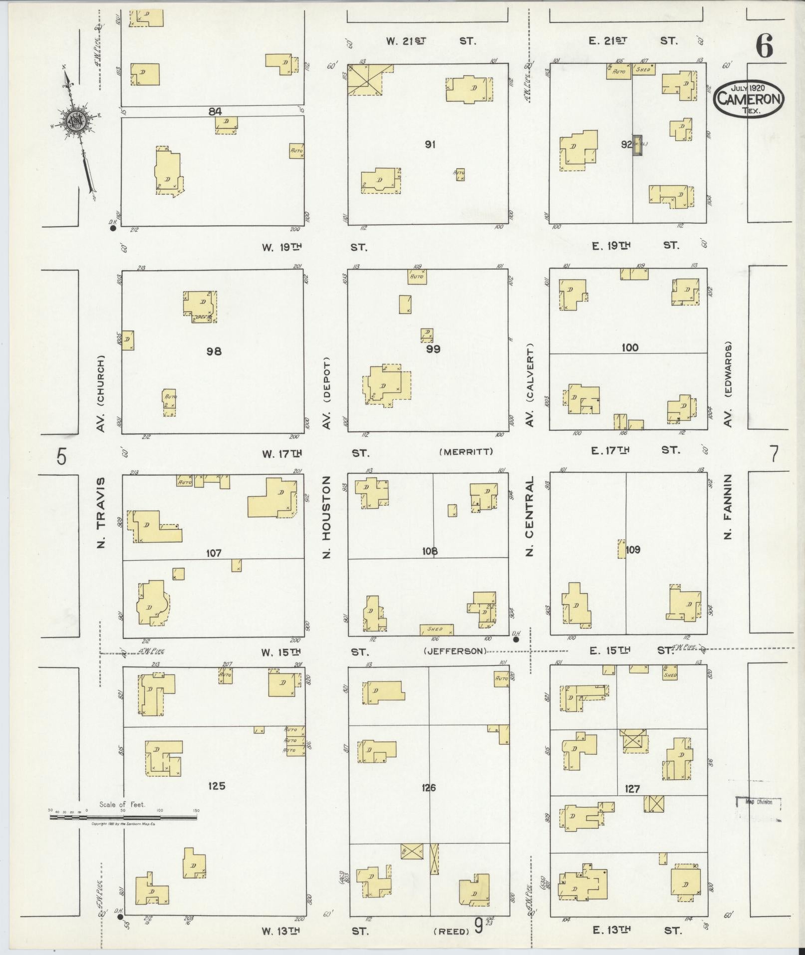 Sanborn Fire Insurance Map from Cameron, Milam County, Texas (1920), Sheet #0006 - Historic Sanborn Fire Insurance Map Print, vintage old map wall art, antique decor, genealogy gift, Texas Texas map
