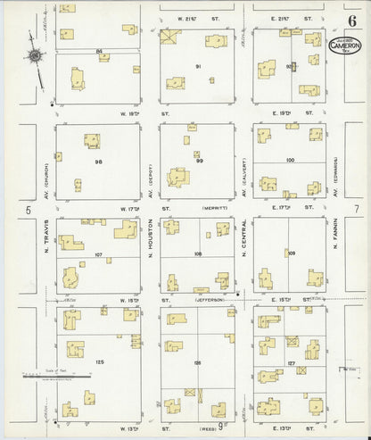 Sanborn Fire Insurance Map from Cameron, Milam County, Texas (1920), Sheet #0006 - Historic Sanborn Fire Insurance Map Print, vintage old map wall art, antique decor, genealogy gift, Texas Texas map