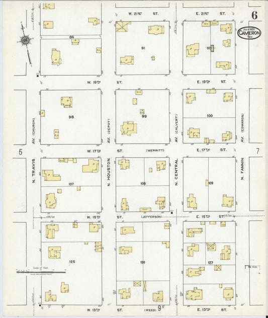 Sanborn Fire Insurance Map from Cameron, Milam County, Texas (1920), Sheet #0006 - Historic Sanborn Fire Insurance Map Print, vintage old map wall art, antique decor, genealogy gift, Texas Texas map