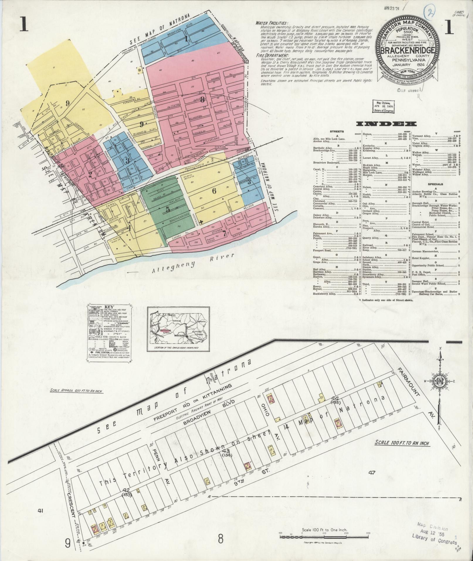 Sanborn Fire Insurance Map from Brackenridge, Allegheny County, Pennsylvania (1924), Sheet #0001 - Historic Sanborn Fire Insurance Map Print, vintage old map wall art, antique decor, genealogy gift, Pennsylvania Pennsylvania map