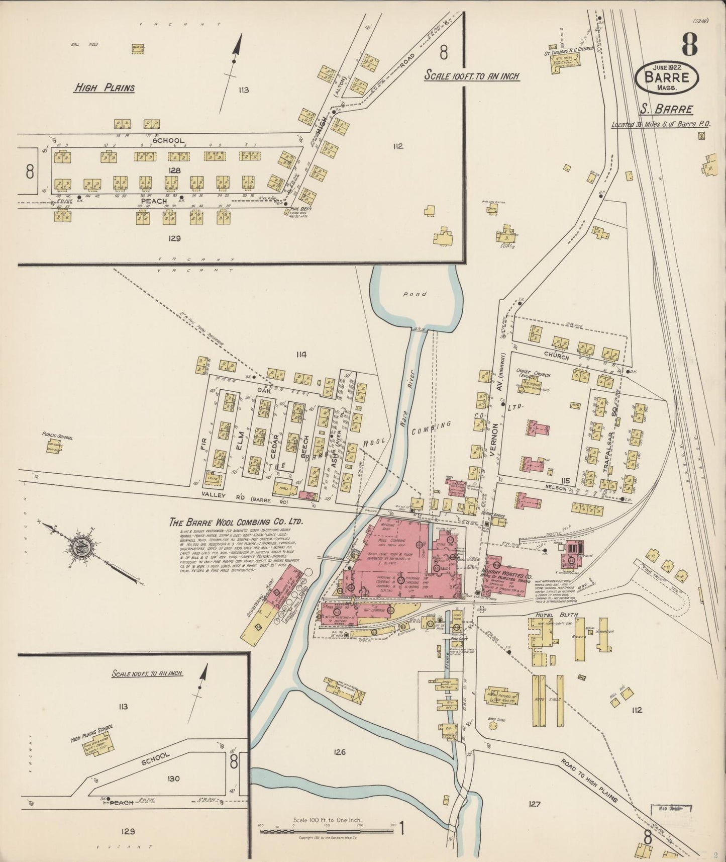 Sanborn Fire Insurance Map from Barre, Worcester County, Massachusetts (1922), Sheet #0008 - Historic Sanborn Fire Insurance Map Print, vintage old map wall art, antique decor, genealogy gift, Massachusetts Massachusetts map