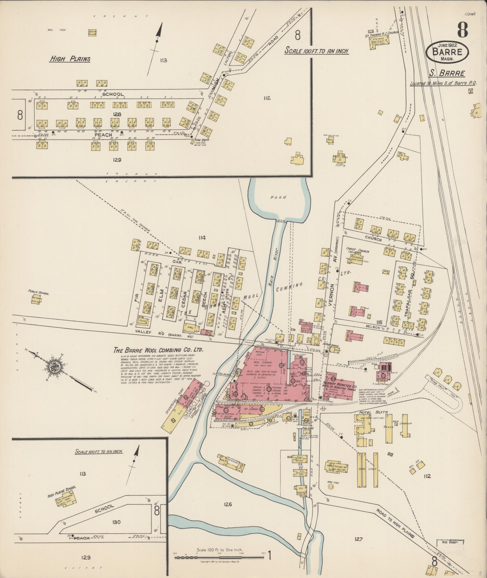 Sanborn Fire Insurance Map from Barre, Worcester County, Massachusetts (1922), Sheet #0008 - Historic Sanborn Fire Insurance Map Print, vintage old map wall art, antique decor, genealogy gift, Massachusetts Massachusetts map