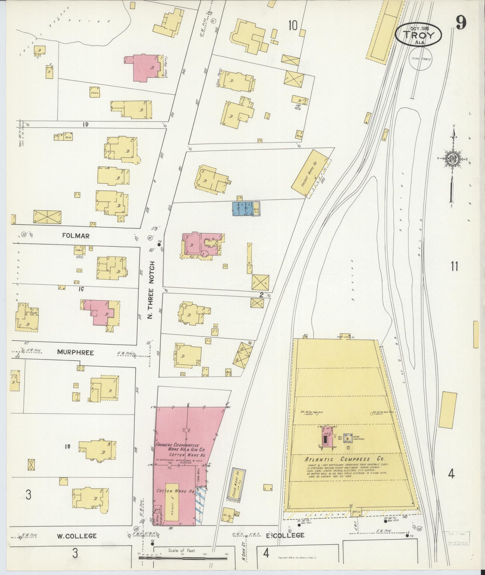 Sanborn Fire Insurance Map from Troy, Pike County, Alabama (1916), Sheet #0009 - Historic Sanborn Fire Insurance Map Print, vintage old map wall art, antique decor, genealogy gift, Alabama Alabama map