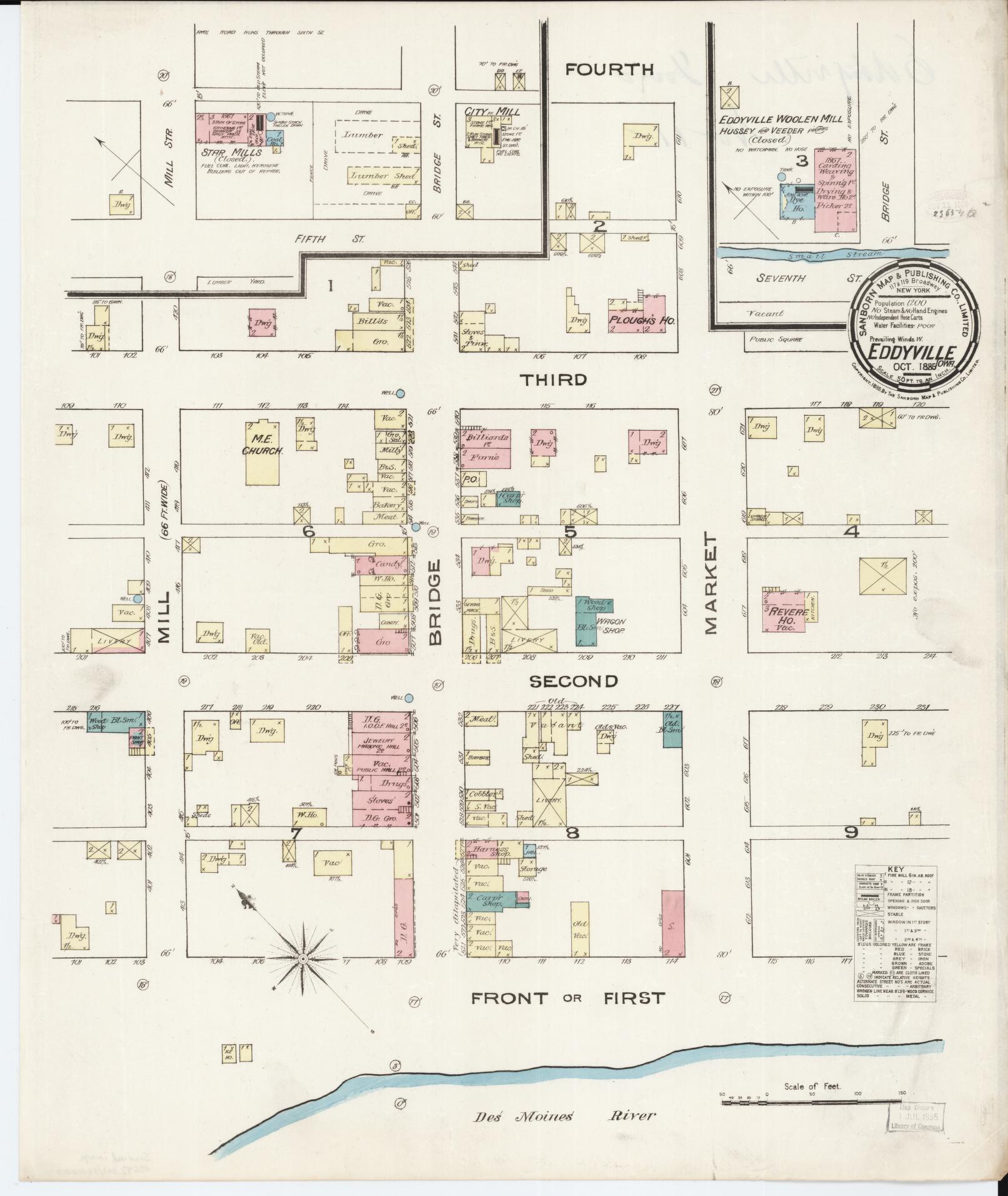 Sanborn Fire Insurance Map from Eddyville, Wapello County, Iowa (1885), Sheet #0001 - Historic Sanborn Fire Insurance Map Print, vintage old map wall art
