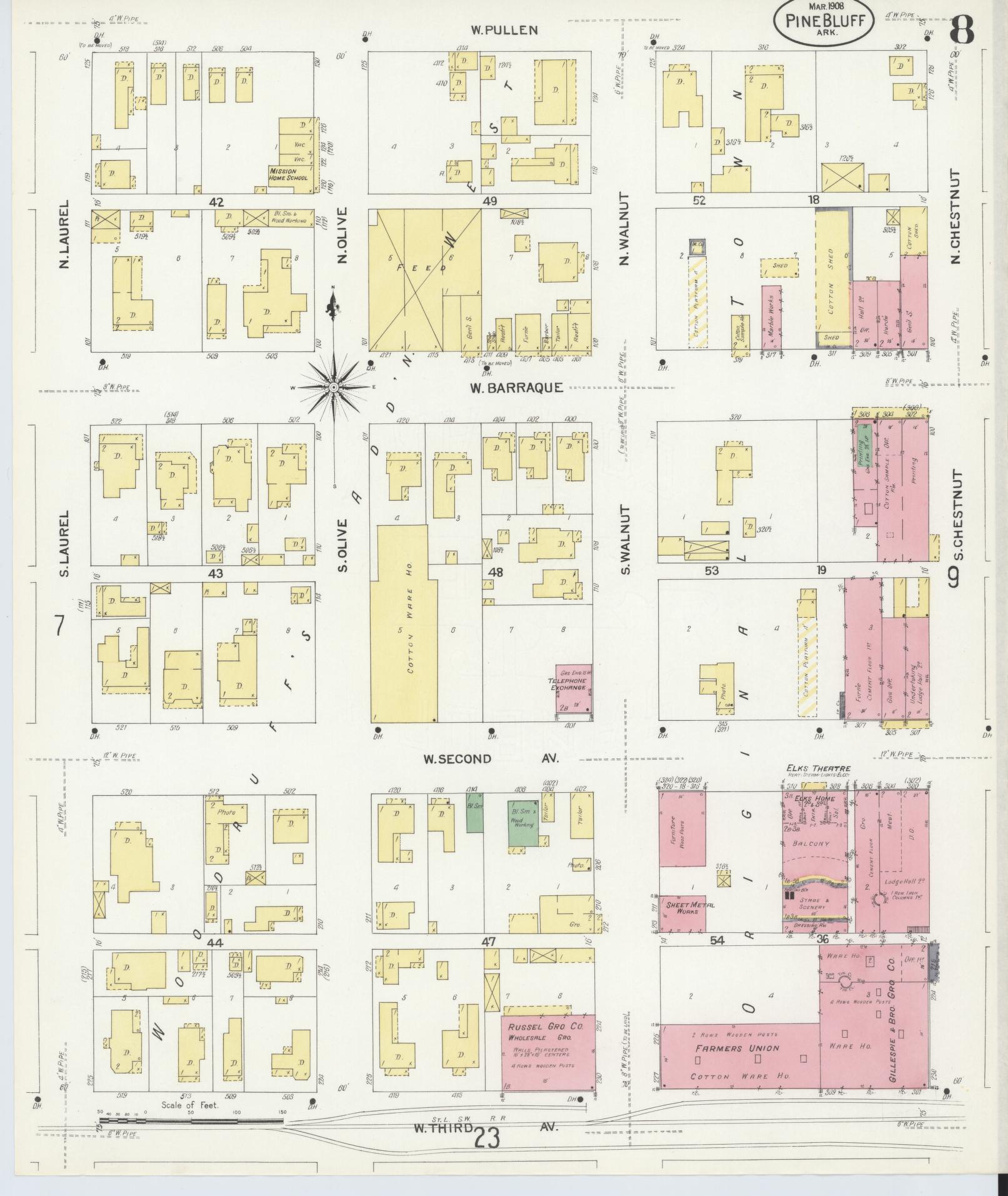 Sanborn Fire Insurance Map from Pine Bluff, Jefferson County, Arkansas (1908), Sheet #0008 - Historic Sanborn Fire Insurance Map Print, vintage old map wall art, antique decor, genealogy gift, Arkansas Arkansas map