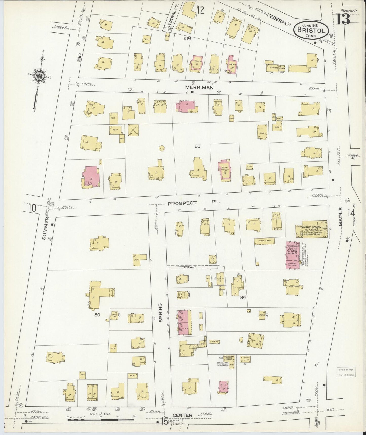 Sanborn Fire Insurance Map from Bristol, Hartford County, Connecticut (1916), Sheet #0013 - Complete Map Set gallery image, historic Sanborn map, vintage wall art, Connecticut Connecticut