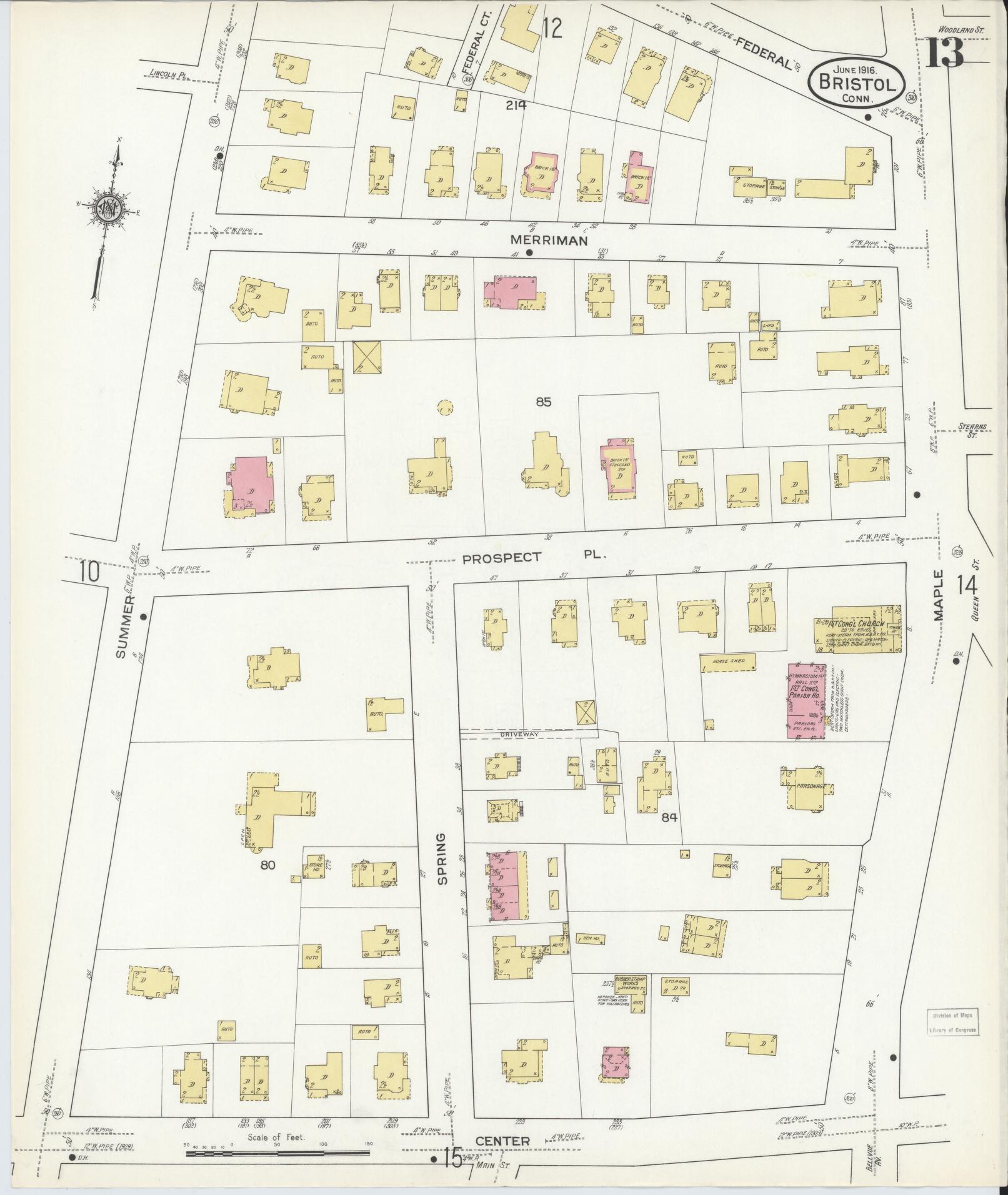 Sanborn Fire Insurance Map from Bristol, Hartford County, Connecticut (1916), Sheet #0013 - Complete Map Set gallery image, historic Sanborn map, vintage wall art, Connecticut Connecticut