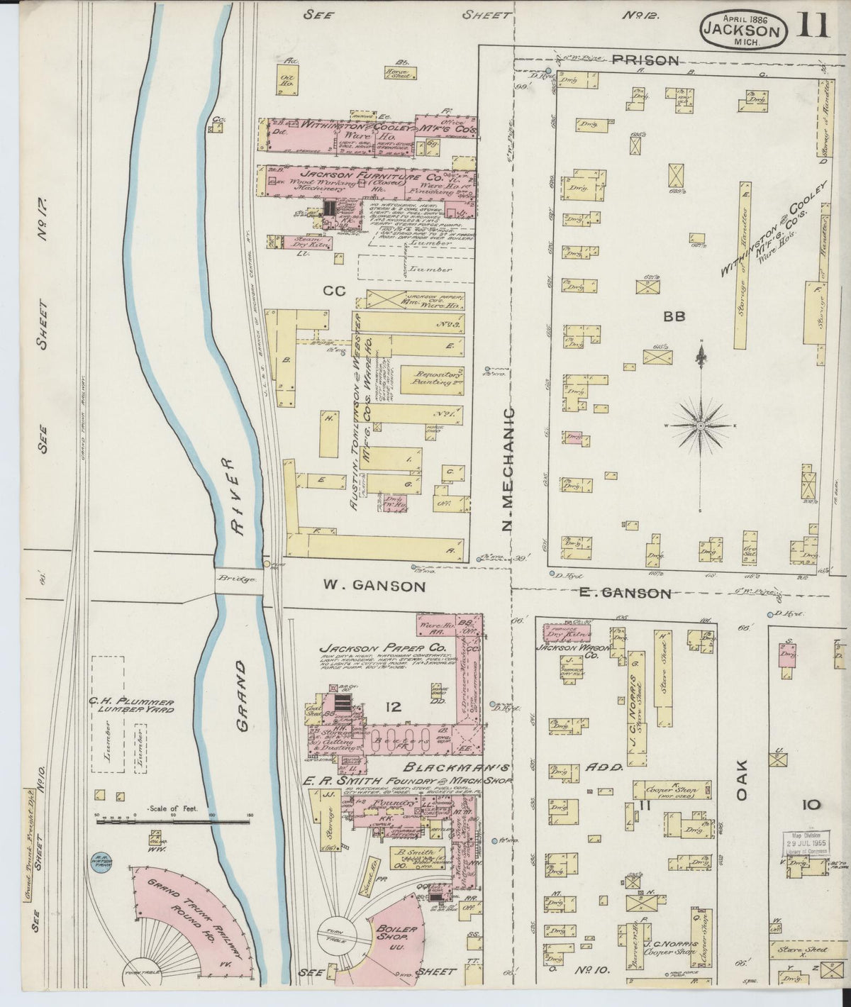 Sanborn Fire Insurance Map from Jackson, Jackson County, Michigan (1886), Sheet #0011 - Historic Sanborn Fire Insurance Map Print, vintage old map wall art, antique decor, genealogy gift, Michigan Michigan map