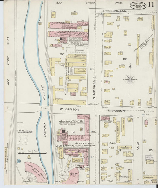 Sanborn Fire Insurance Map from Jackson, Jackson County, Michigan (1886), Sheet #0011 - Historic Sanborn Fire Insurance Map Print, vintage old map wall art, antique decor, genealogy gift, Michigan Michigan map