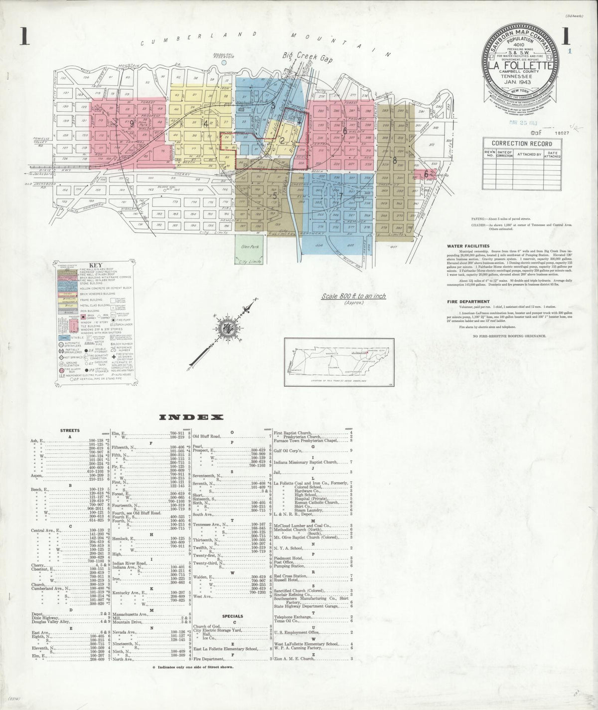 Sanborn Fire Insurance Map from La Follette, Campbell County, Tennessee (1943), Sheet #0001 - Historic Sanborn Fire Insurance Map Print, vintage old map wall art, antique decor, genealogy gift, Tennessee Tennessee map