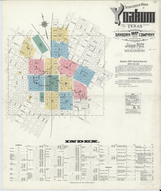 Sanborn Fire Insurance Map from Yoakum, De Witt And Lavaca Counties, Texas (1912), Sheet #0001 - Historic Sanborn Fire Insurance Map Print, vintage old map wall art, antique decor, genealogy gift, Texas Texas map