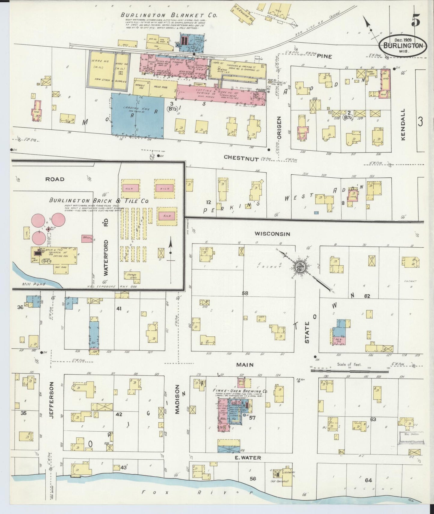 Sanborn Fire Insurance Map from Burlington, Racine County, Wisconsin (1909), Sheet #0005 - Historic Sanborn Fire Insurance Map Print, vintage old map wall art, antique decor, genealogy gift, Wisconsin Wisconsin map