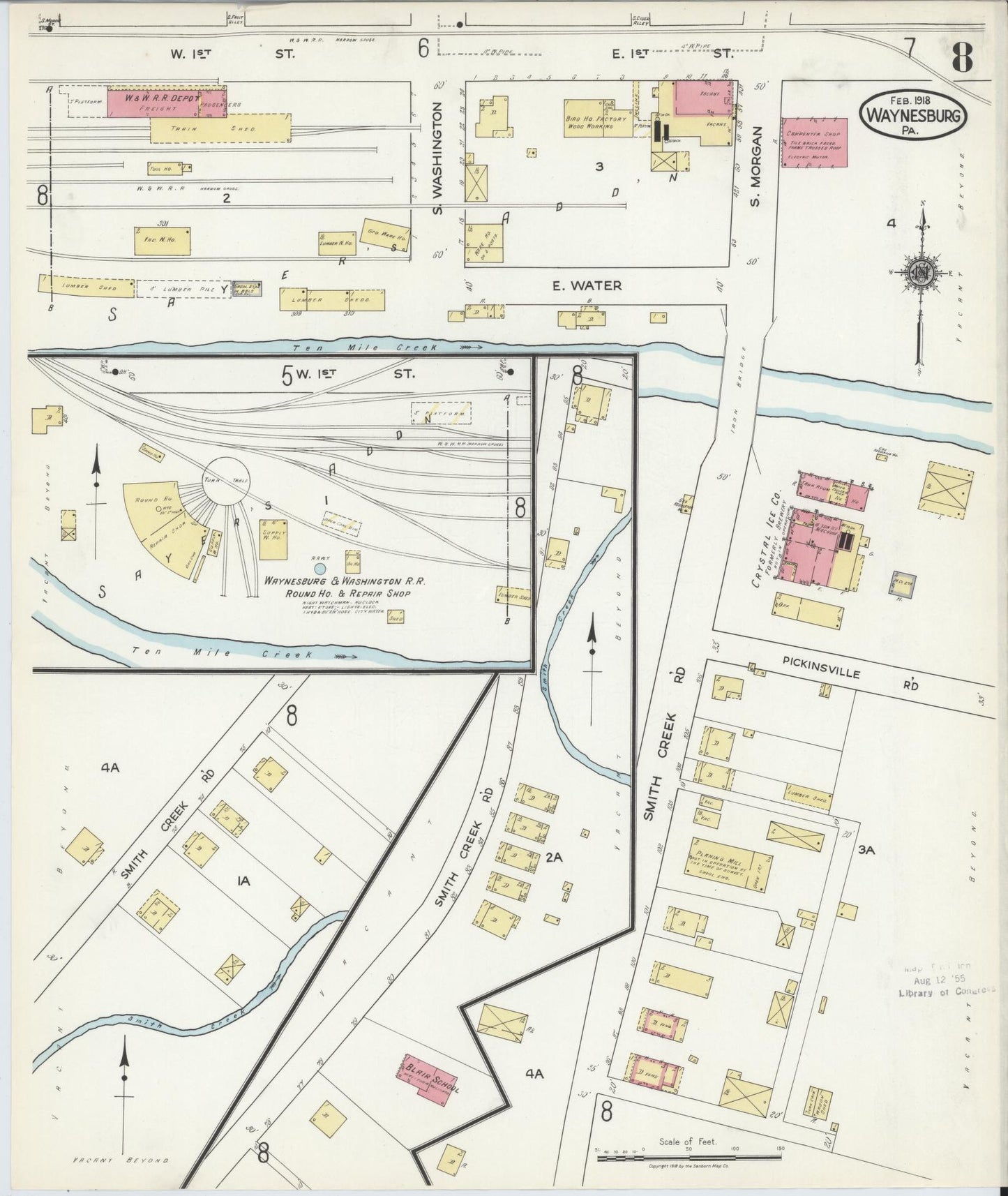 Sanborn Fire Insurance Map from Waynesburg, Greene County, Pennsylvania (1918), Sheet #0008 - Historic Sanborn Fire Insurance Map Print, vintage old map wall art, antique decor, genealogy gift, Pennsylvania Pennsylvania map