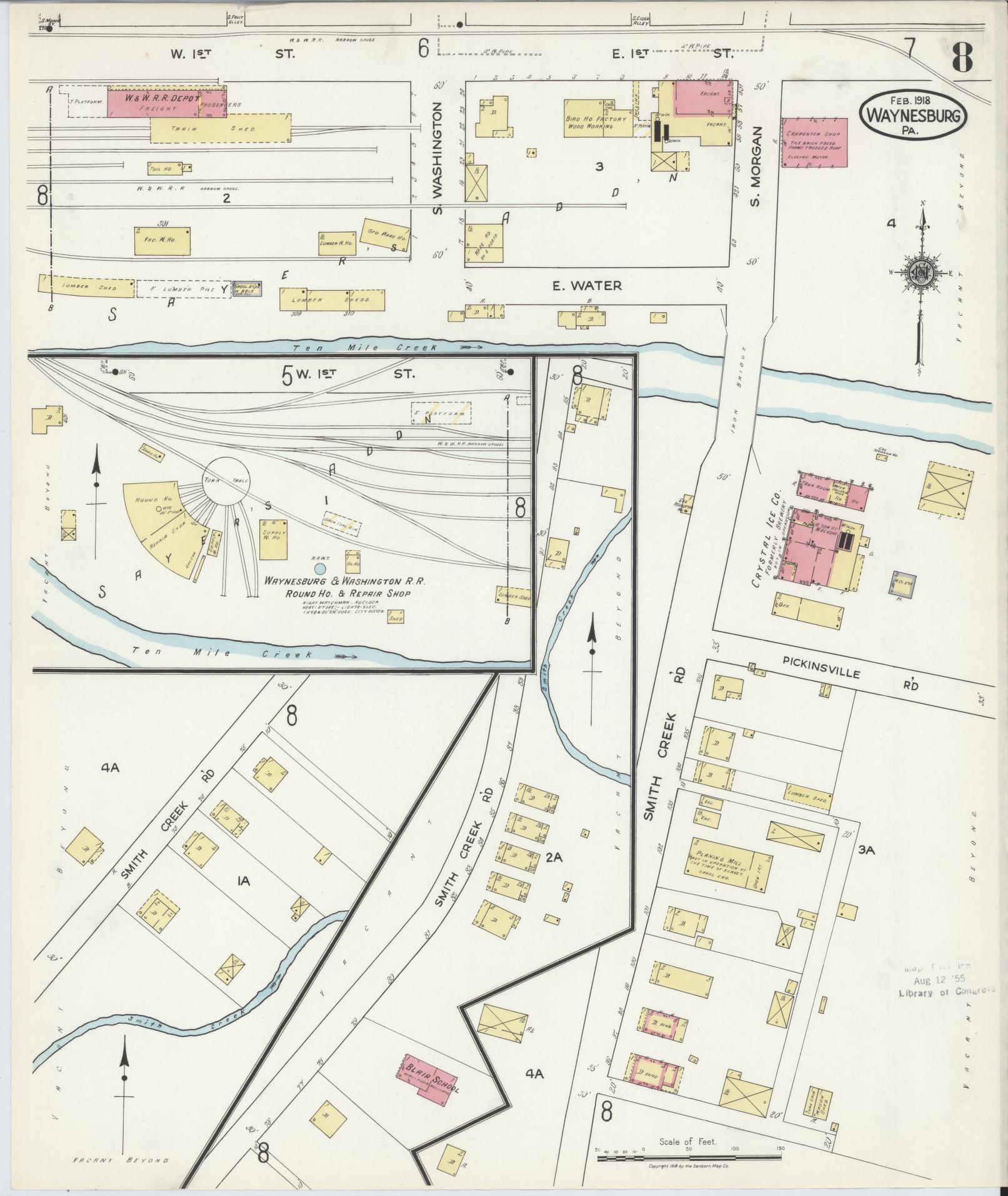 Sanborn Fire Insurance Map from Waynesburg, Greene County, Pennsylvania (1918), Sheet #0008 - Historic Sanborn Fire Insurance Map Print, vintage old map wall art, antique decor, genealogy gift, Pennsylvania Pennsylvania map