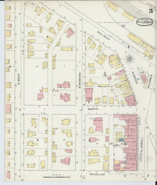 Sanborn Fire Insurance Map from Hillsdale, Hillsdale County, Michigan (1893), Sheet #0003 - Historic Sanborn Fire Insurance Map Print, vintage old map wall art, antique decor, genealogy gift, Michigan Michigan map