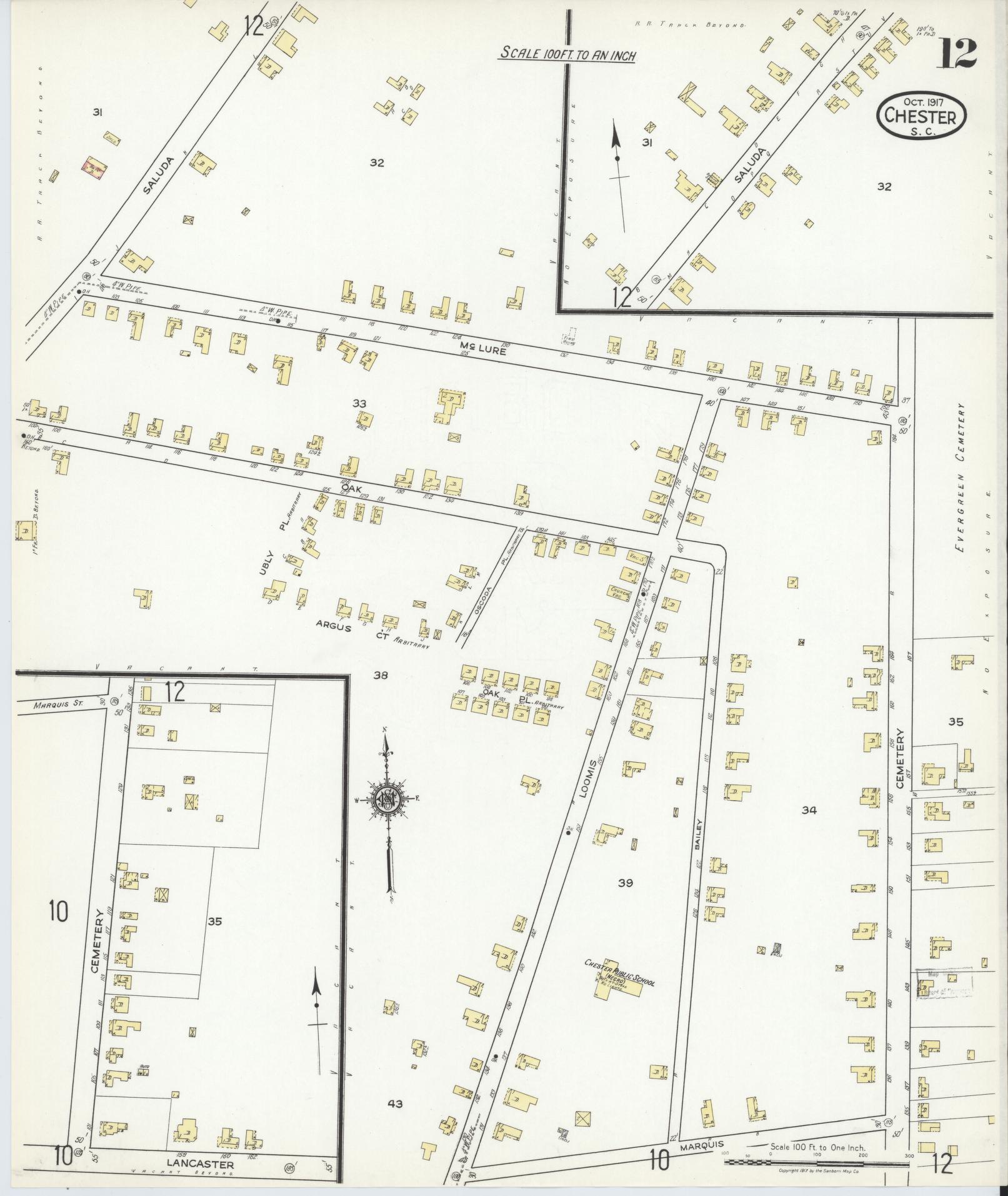 Sanborn Fire Insurance Map from Chester, Chester County, South Carolina (1917), Sheet #0012 - Historic Sanborn Fire Insurance Map Print, vintage old map wall art, antique decor, genealogy gift, South Carolina South Carolina map