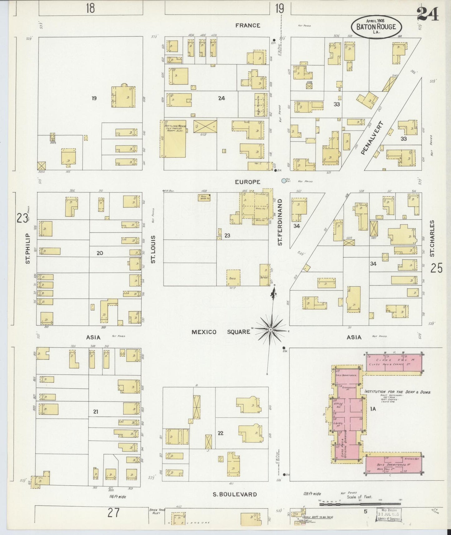Sanborn Fire Insurance Map from Baton Rouge, East Baton Rouge Parish, Louisiana (1908), Sheet #0024 - Historic Sanborn Fire Insurance Map Print, vintage old map wall art, antique decor, genealogy gift, Louisiana Louisiana map