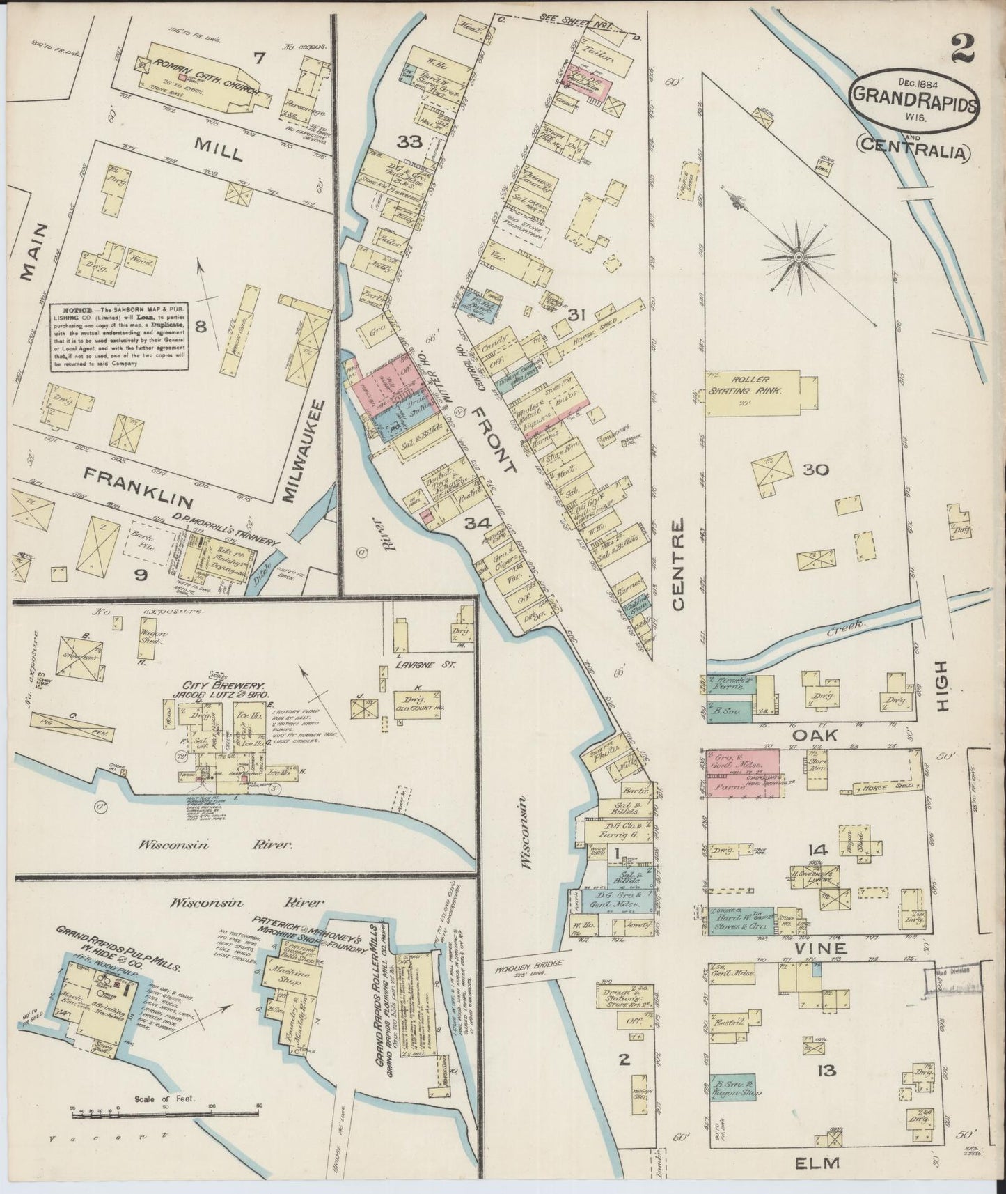 Sanborn Fire Insurance Map from Grand Rapids, Wood County, Wisconsin (1884), Sheet #0002 - Historic Sanborn Fire Insurance Map Print, vintage old map wall art, antique decor, genealogy gift, Wisconsin Wisconsin map