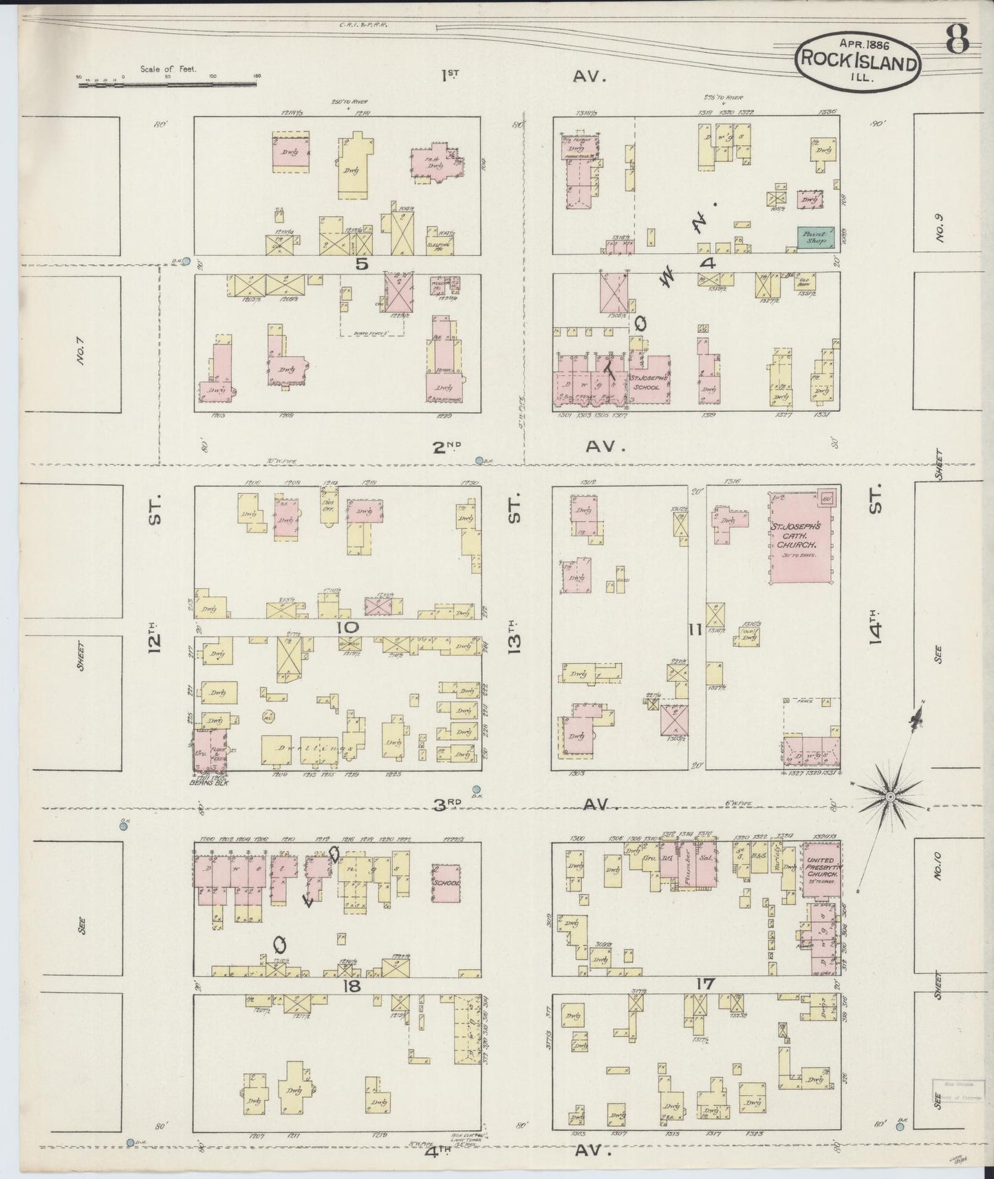 Sanborn Fire Insurance Map from Rock Island, Rock Island County, Illinois (1886), Sheet #0008 - Complete Map Set gallery image, historic Sanborn map, vintage wall art, Illinois Illinois