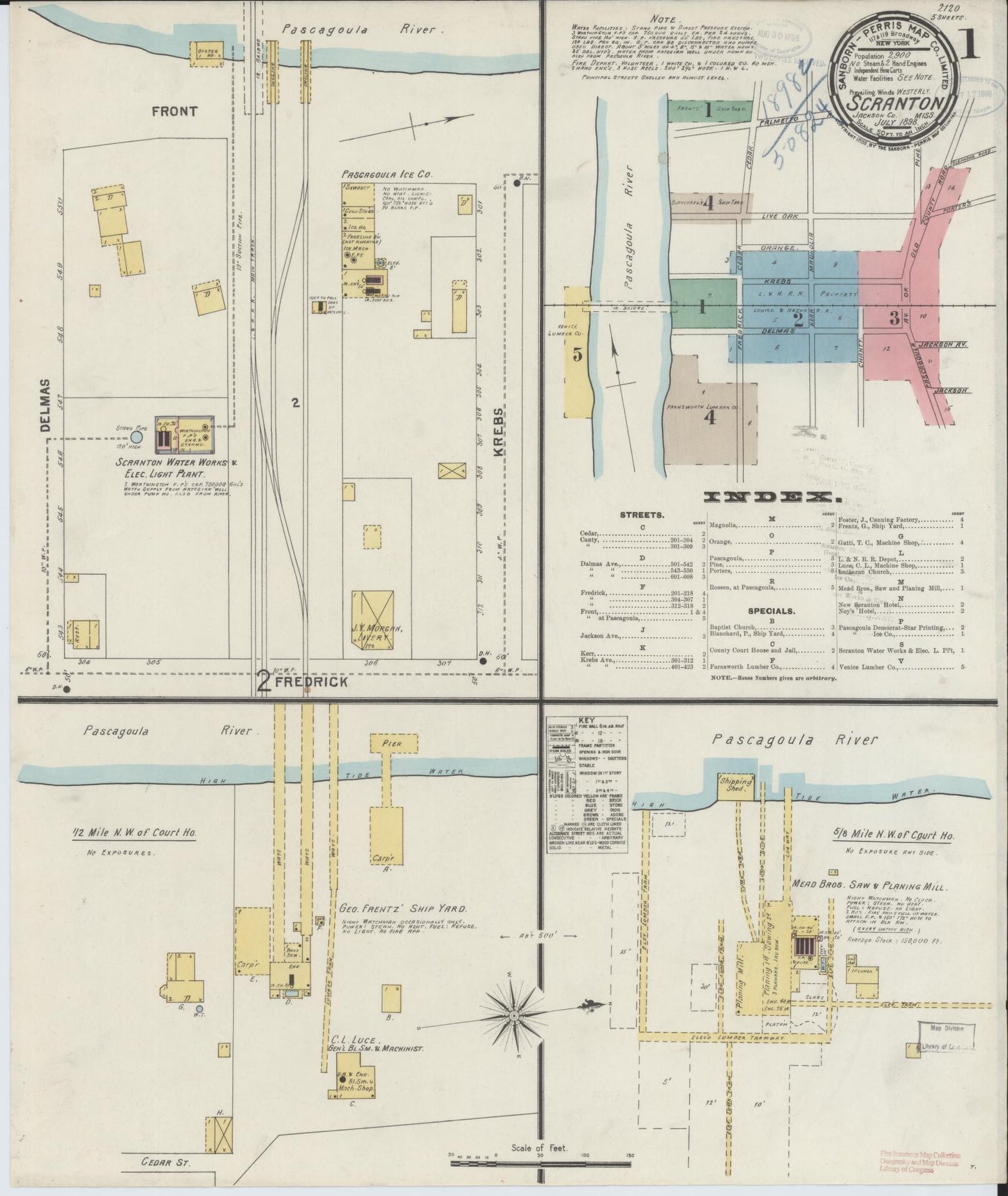 Sanborn Fire Insurance Map from Scranton, Jackson County, Mississippi (1898), Sheet #0001 - Historic Sanborn Fire Insurance Map Print, vintage old map wall art, antique decor, genealogy gift, Mississippi Mississippi map