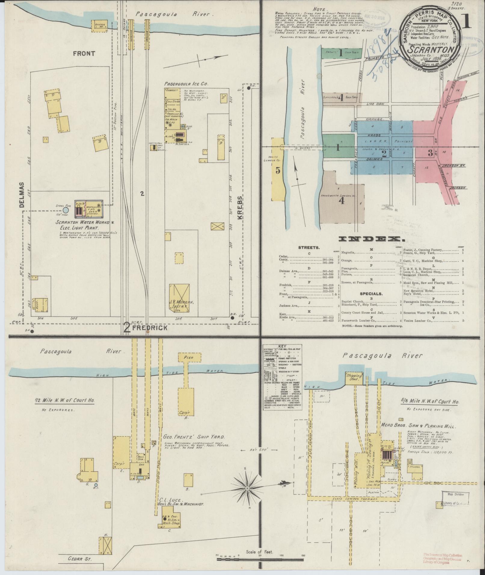 Sanborn Fire Insurance Map from Scranton, Jackson County, Mississippi (1898), Sheet #0001 - Historic Sanborn Fire Insurance Map Print, vintage old map wall art, antique decor, genealogy gift, Mississippi Mississippi map