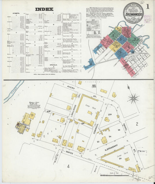 Sanborn Fire Insurance Map from Brownwood, Brown County, Texas (1904), Sheet #0001 - Historic Sanborn Fire Insurance Map Print, vintage old map wall art, antique decor, genealogy gift, Texas Texas map
