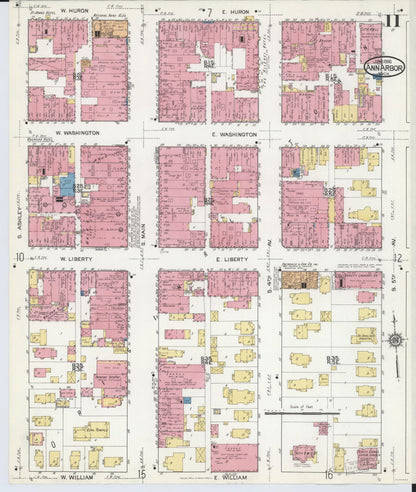 Sanborn Fire Insurance Map from Ann Arbor, Washtenaw County, Michigan (1916), Sheet #0011 - Historic Sanborn Fire Insurance Map Print, vintage old map wall art, antique decor, genealogy gift, Michigan Michigan map