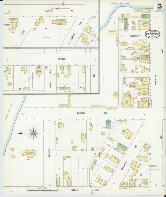 Sanborn Fire Insurance Map from Peshtigo, Marinette County, Wisconsin (1904), Sheet #0005 - Historic Sanborn Fire Insurance Map Print, vintage old map wall art, antique decor, genealogy gift, Wisconsin Wisconsin map