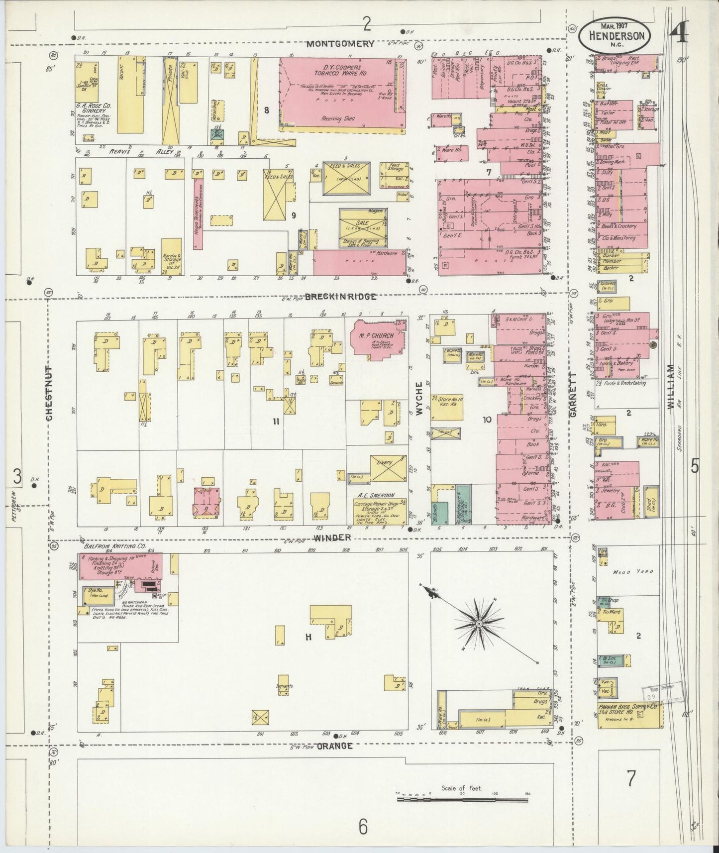 Sanborn Fire Insurance Map from Henderson, Vance County, North Carolina (1907), Sheet #0004 - Historic Sanborn Fire Insurance Map Print, vintage old map wall art, antique decor, genealogy gift, North Carolina North Carolina map