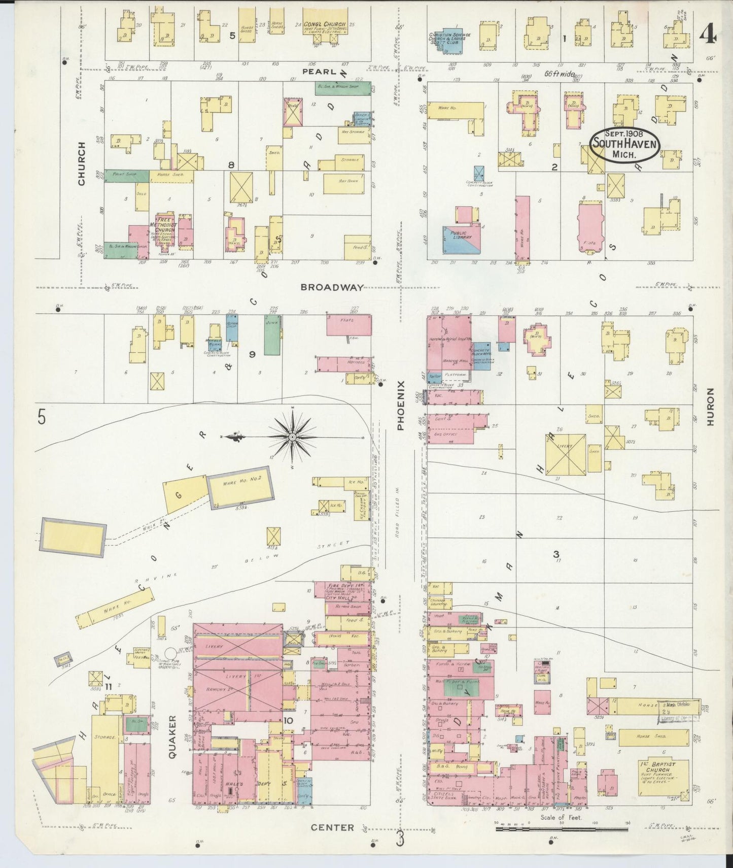 Sanborn Fire Insurance Map from South Haven, Van Buren County, Michigan (1908), Sheet #0004 - Historic Sanborn Fire Insurance Map Print, vintage old map wall art, antique decor, genealogy gift, Michigan Michigan map