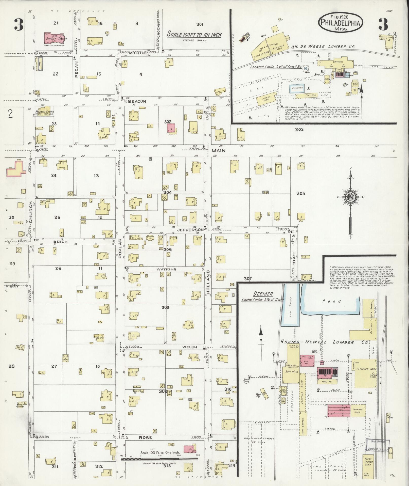 Sanborn Fire Insurance Map from Philadelphia, Neshoba County, Mississippi (1926), Sheet #0003 - Historic Sanborn Fire Insurance Map Print, vintage old map wall art, antique decor, genealogy gift, Mississippi Mississippi map