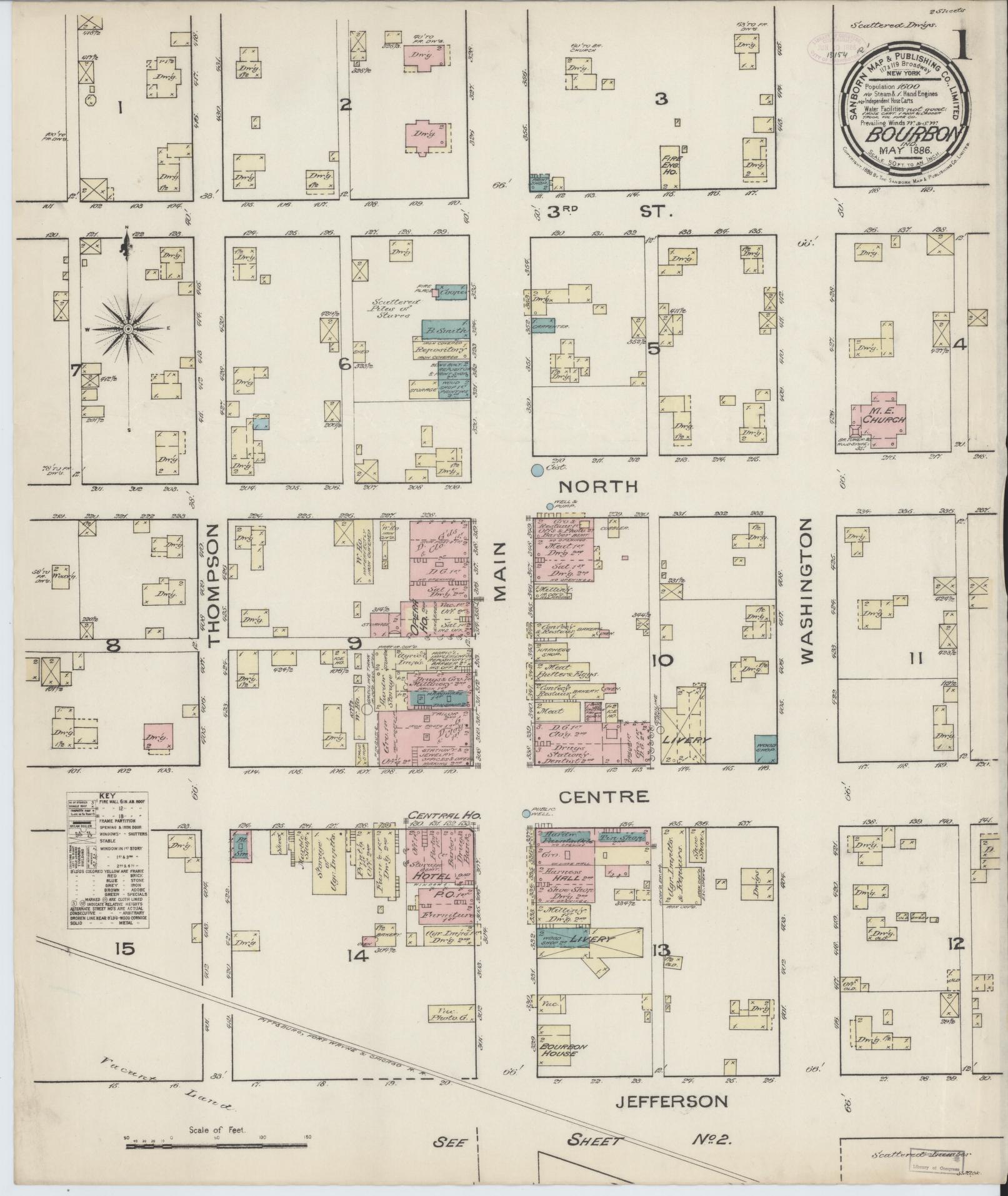 Sanborn Fire Insurance Map from Bourbon, Marshall County, Indiana (1886), Sheet #0001 - Historic Sanborn Fire Insurance Map Print, vintage old map wall art, antique decor, genealogy gift, Indiana Indiana map