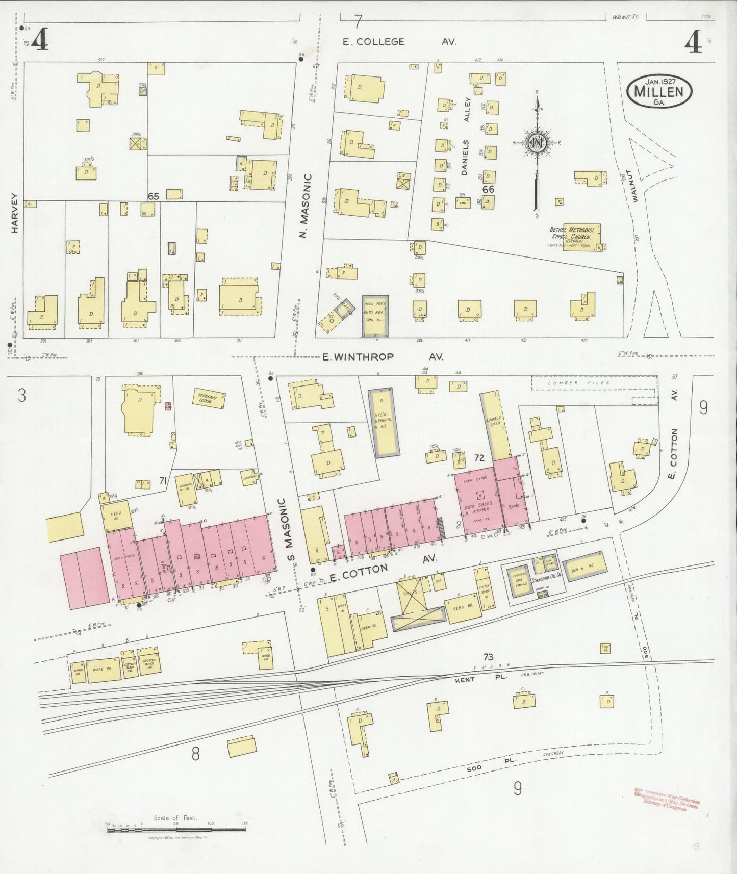 Sanborn Fire Insurance Map from Millen, Jenkins County, Georgia (1927), Sheet #0004 - Complete Map Set gallery image, historic Sanborn map, vintage wall art, Georgia Georgia