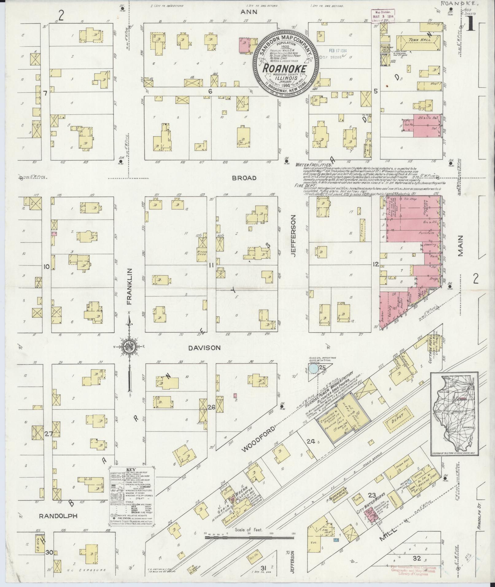 Sanborn Fire Insurance Map from Roanoke, Woodford County, Illinois (1914), Sheet #0001 - Historic Sanborn Fire Insurance Map Print, vintage old map wall art, antique decor, genealogy gift, Illinois Illinois map