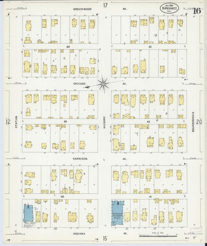 Sanborn Fire Insurance Map from Kankakee, Kankakee County, Illinois (1907), Sheet #0016 - Historic Sanborn Fire Insurance Map Print, vintage old map wall art, antique decor, genealogy gift, Illinois Illinois map